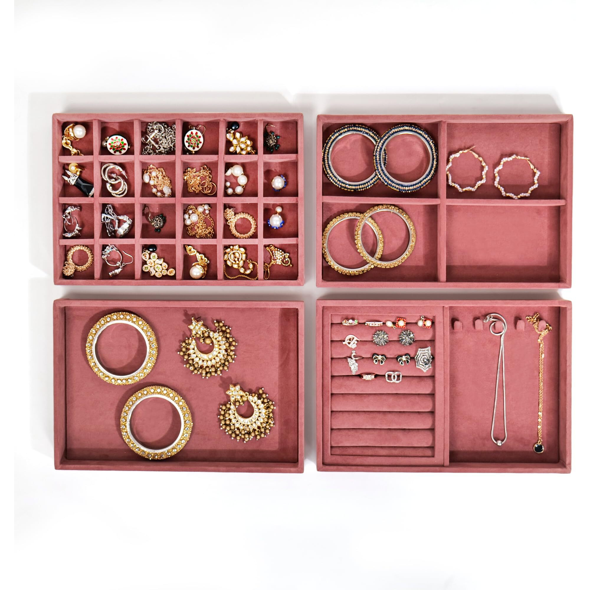 LA TROVE Luxury Velvet Jewellery Trays | Jewelry Drawer Display Organizer for Earrings, Chain, Rings (Dark Pink, Set of 4 Trays, 30x20x3.5 cm)