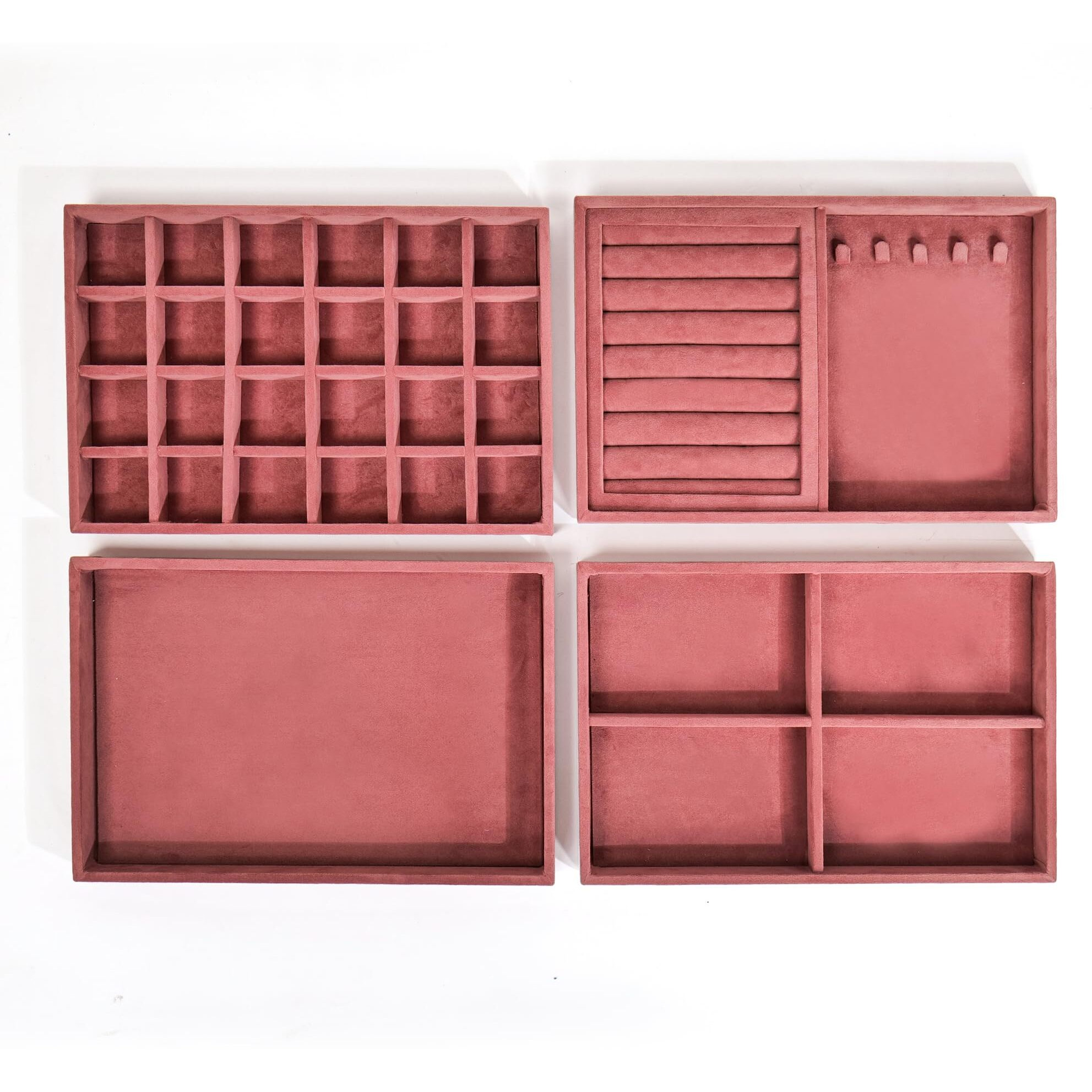 LA TROVE Luxury Velvet Jewellery Trays | Jewelry Drawer Display Organizer for Earrings, Chain, Rings (Dark Pink, Set of 4 Trays, 30x20x3.5 cm)