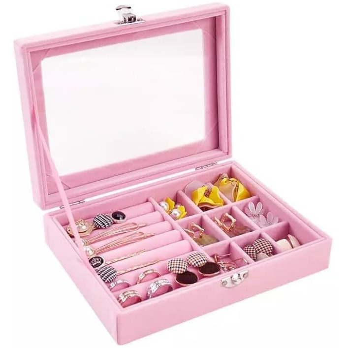 SAJANI Velvet Clear Lid Jewellery Organizer, Jewellery Storage Case with Glass Lid, Jewelry Storage Case For Earring, Necklace, Ring, Watch (Pink) (Pack of 1) (Single Layer Jewellery Box)