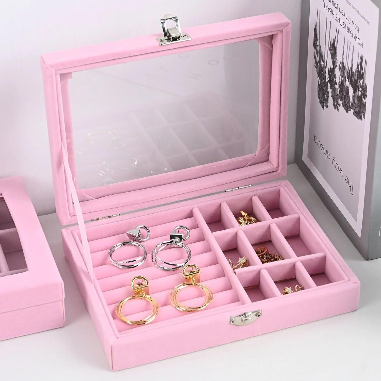 SAJANI Velvet Clear Lid Jewellery Organizer, Jewellery Storage Case with Glass Lid, Jewelry Storage Case For Earring, Necklace, Ring, Watch (Pink) (Pack of 1) (Single Layer Jewellery Box)