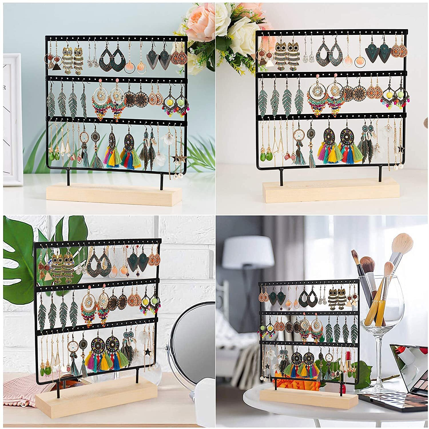 ROLLYWARE Metal Earring 3 Layer 70 Holes Stand Organizer Jewelry Display Stands Earring Organizer Stand Suitable To Organize Necklace & Bracelets & Earring Holder Jewelry Holder Black