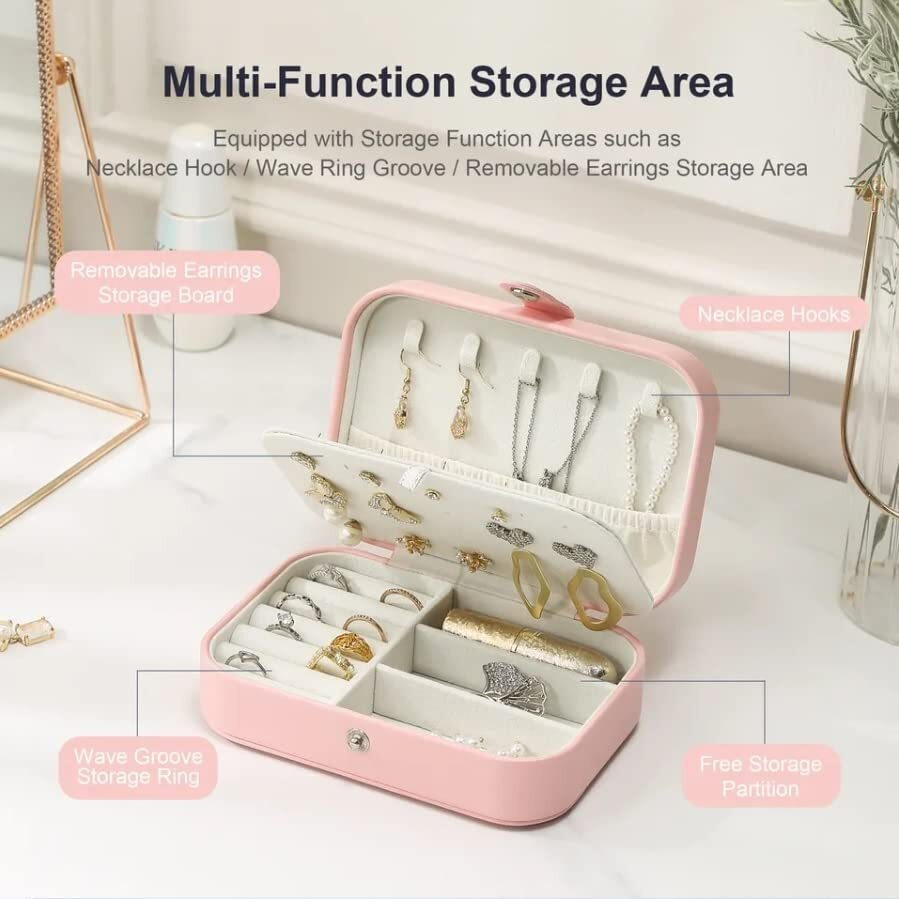 ALPHA FORGE Jewellery Box Organisers for Women I Original PU Leather Travel Friendly Multi-Layer Jewelry Storage Box Organizer for Earrings, Necklace, Rings, Pendants- Baby Pink