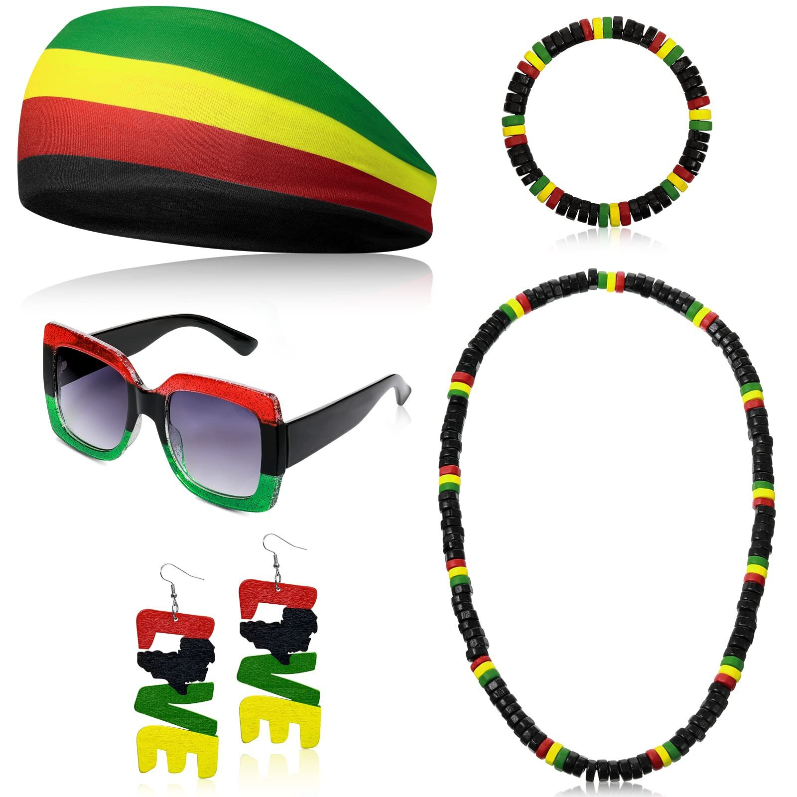 5 Pieces Rasta Womens Jewelry Set Rasta Accessories for Women Include Rasta Headband, Rasta Sunglasses, Wood Dangle Earrings, Jamaica Necklace, Jamaica Bracelet for Women