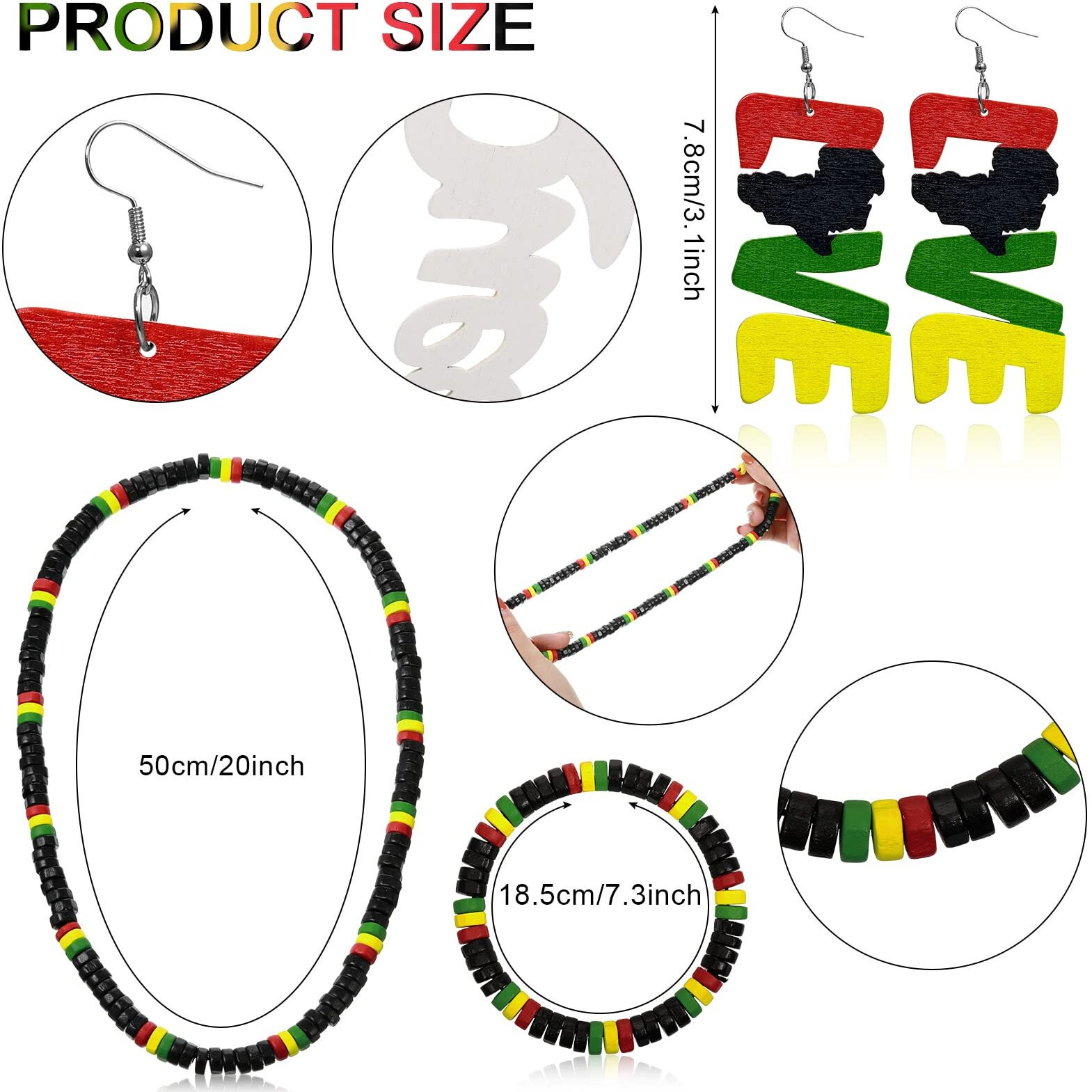 5 Pieces Rasta Womens Jewelry Set Rasta Accessories for Women Include Rasta Headband, Rasta Sunglasses, Wood Dangle Earrings, Jamaica Necklace, Jamaica Bracelet for Women