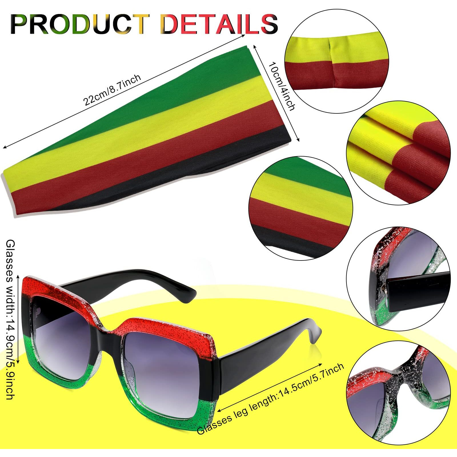 5 Pieces Rasta Womens Jewelry Set Rasta Accessories for Women Include Rasta Headband, Rasta Sunglasses, Wood Dangle Earrings, Jamaica Necklace, Jamaica Bracelet for Women