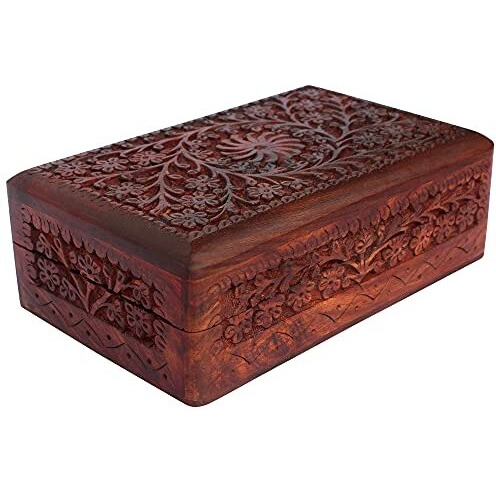 GIFTOS365 Handmade Wooden Jewellery Box for Women Jewel Organizer Hand Carved with Intricate Carvings Gift Items - 8 inches