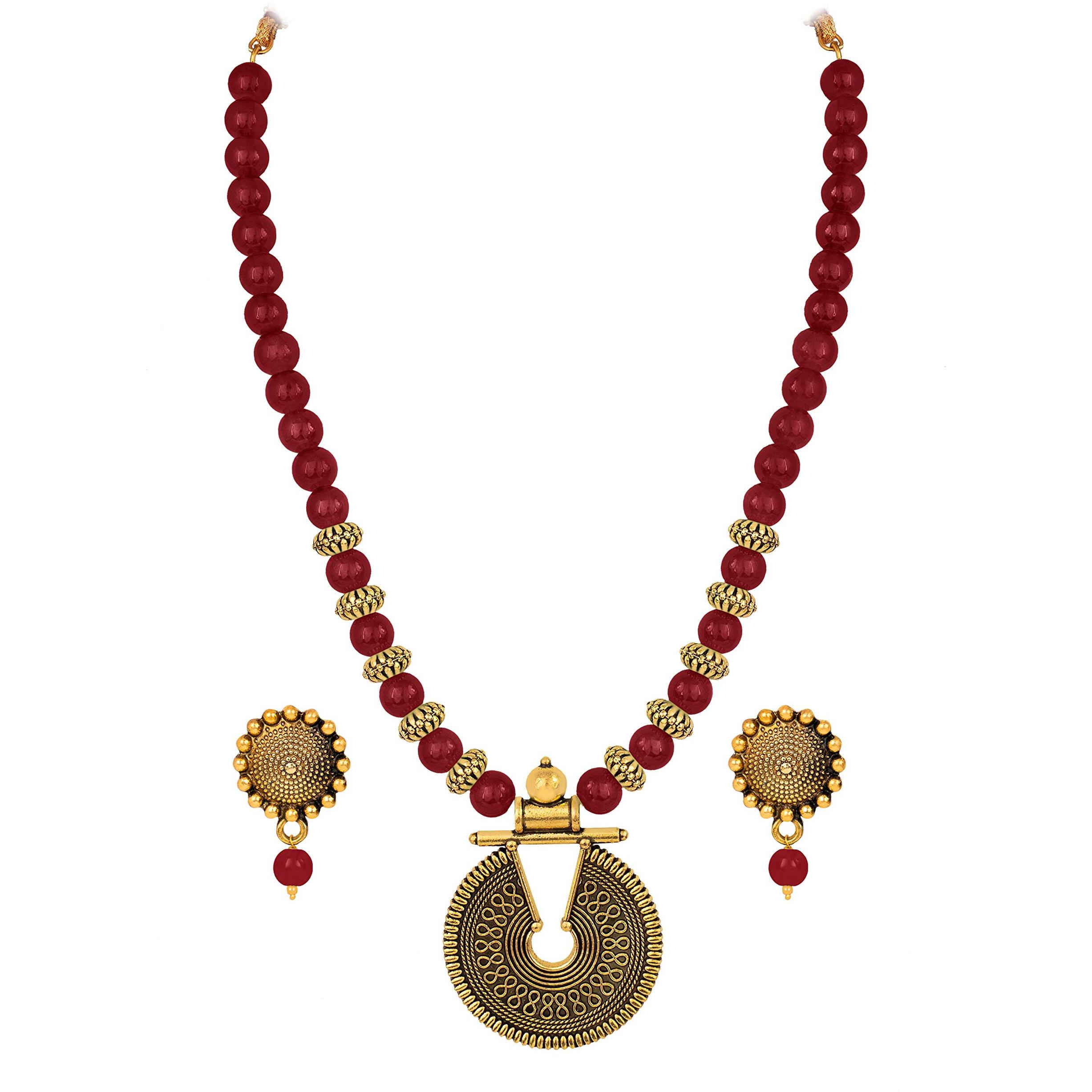 JFL - Jewellery for Less Gold Maroon Beaded Necklace set Keyhole pendant design adjustable length designer set for women & girls,Valentine