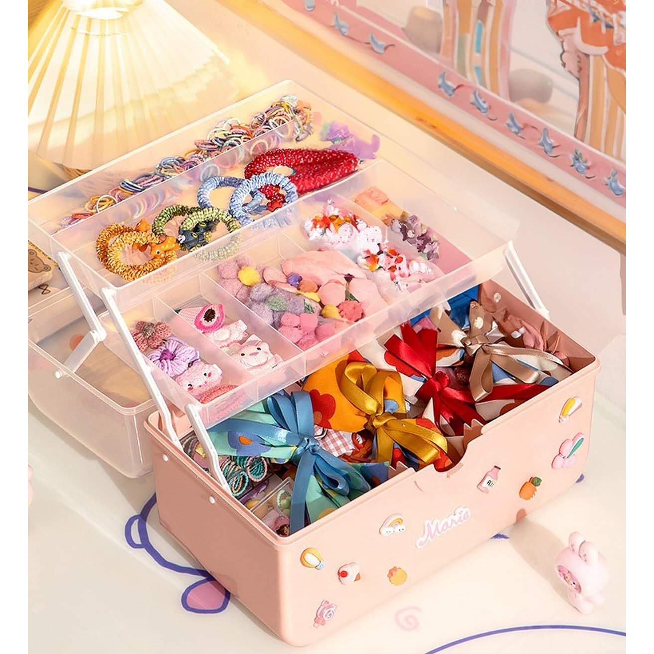 wolpin 3 Layers Jewellery Organiser for Kids with Stickers Portable Storage Box Case for Clips Hairband Rings, Earrings, Necklace, Ribbons Faux Leather, Multicolor