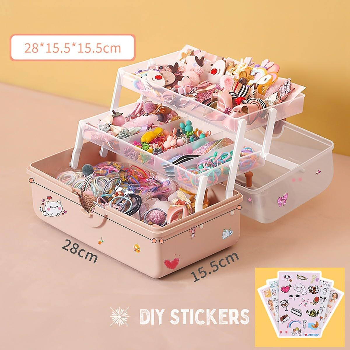 wolpin 3 Layers Jewellery Organiser for Kids with Stickers Portable Storage Box Case for Clips Hairband Rings, Earrings, Necklace, Ribbons Faux Leather, Multicolor