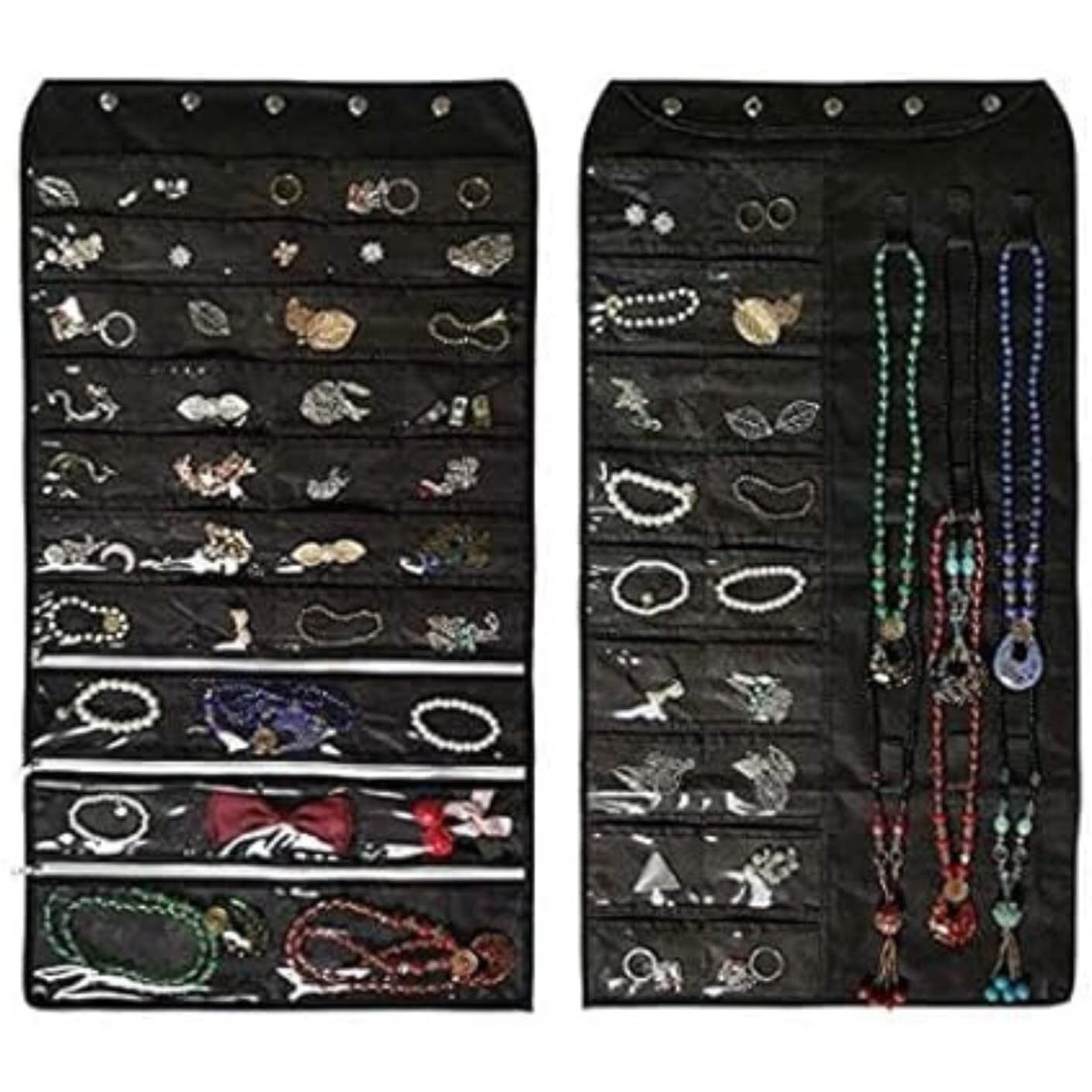 DOUBLE R BAGS Dual-sided Hanging Jewelry Organizer with 56 Pockets and 9 Hook Loops Necklace Holder Jewelries Organizer for Earrings Bracelets Rings (56 Pockets and 9 Hook Loops) (Black)