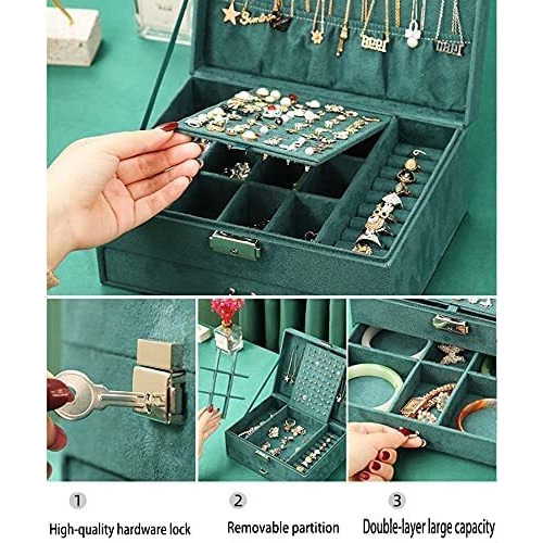 SAJANI Velvet Women 2 Layer Jewelry Oranizer With Lock, Jewelry Storage Box, Jewellery Display Holder Case For Earrings, Bracelets, Rings, Necklace ( Green ) (Pack Of 1) (2 Layer Jewellery Box)