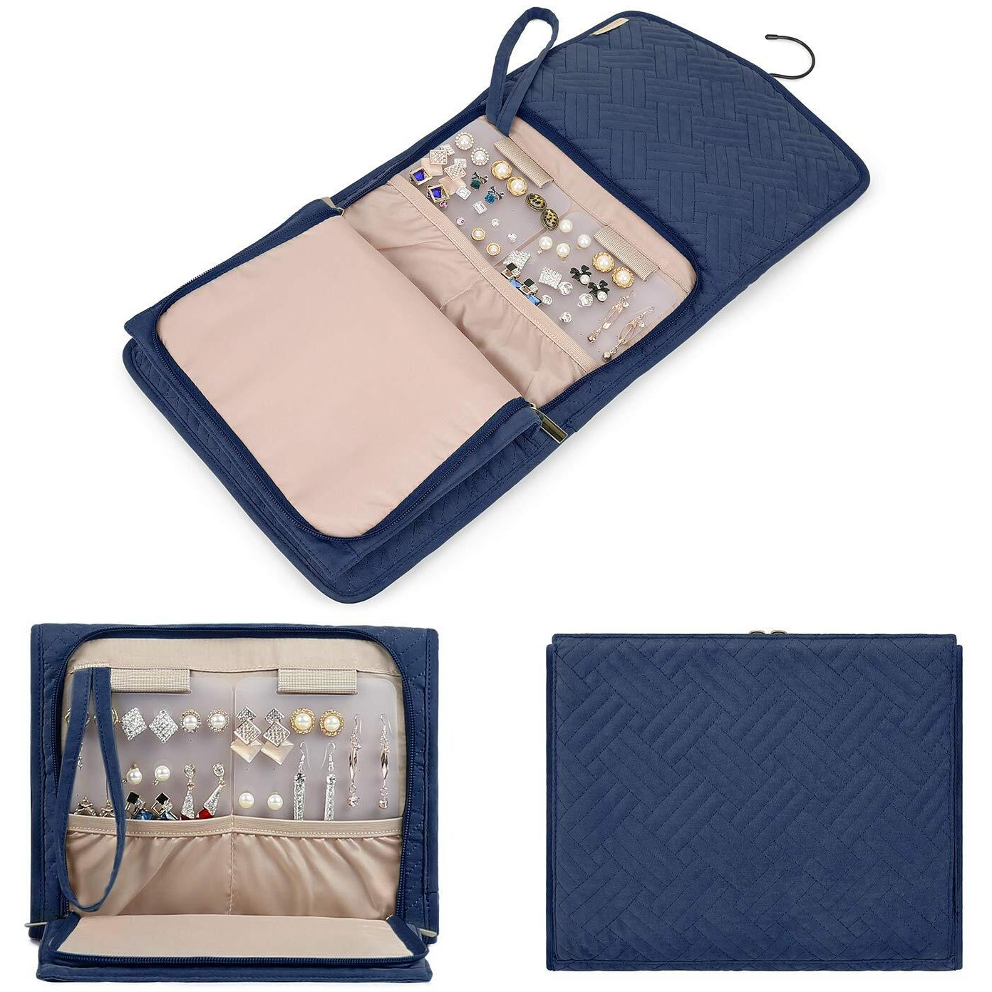 bagsmart Travel Hanging Jewelry Organizer Case Foldable Jewelry Roll with Hanger for Journey-Rings, Necklaces, Bracelets, Earrings, Smokey Blue