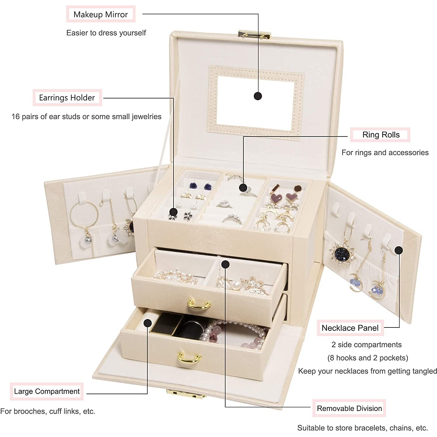 SIBY Leather Small 3 Layer Jewelry Box Organizer with Mirror Lock Drawer Ring Earring Jewelry Storage box(1Pc, Only Peach Color,17.5x13.5x12.5cm)