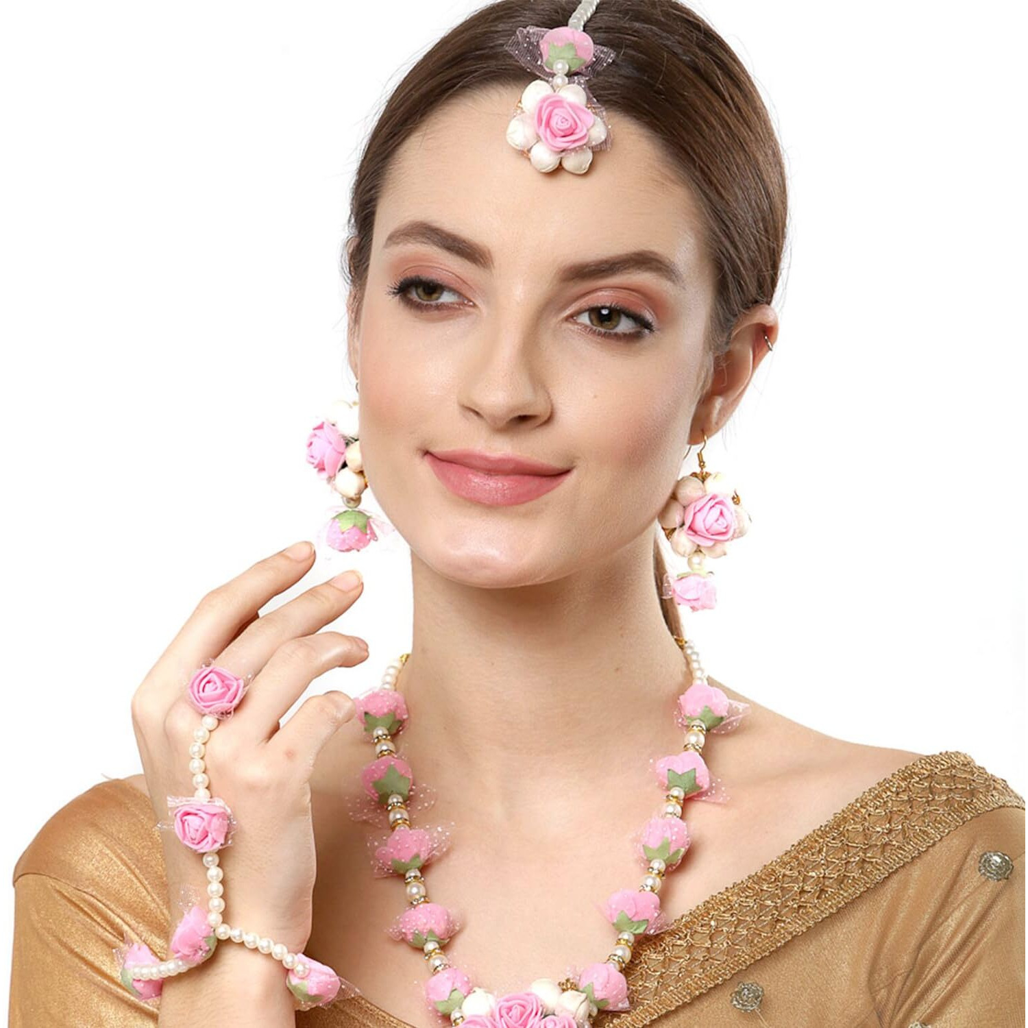 ZENEME Jewellery Pearl Designer White & Pink Jewellery Set with 5 Items for Women & Girls (Mehandi/Haldi Bridal/Baby Shower)