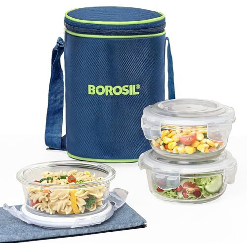 Borosil Klip n Store Lunchbox with Bag | Set of 3 (400 ml Each) | Borosilicate Glass, Round, Vertical | Microwave & Dishwasher Safe, Leak Proof | Tiffin for Office, School, College | Blue