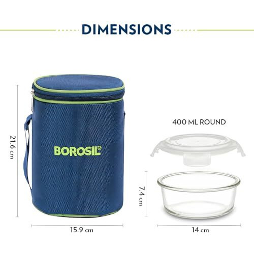 Borosil Klip n Store Lunchbox with Bag | Set of 3 (400 ml Each) | Borosilicate Glass, Round, Vertical | Microwave & Dishwasher Safe, Leak Proof | Tiffin for Office, School, College | Blue