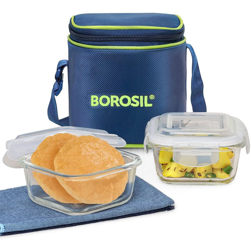 Borosil Klip n Store Lunchbox with Bag | Set of 2 (320ml Each), Square | Borosilicate Glass, Vertical | Microwave & Dishwasher Safe, Leakproof | Tiffin for Office/School/College | Blue, Transparent