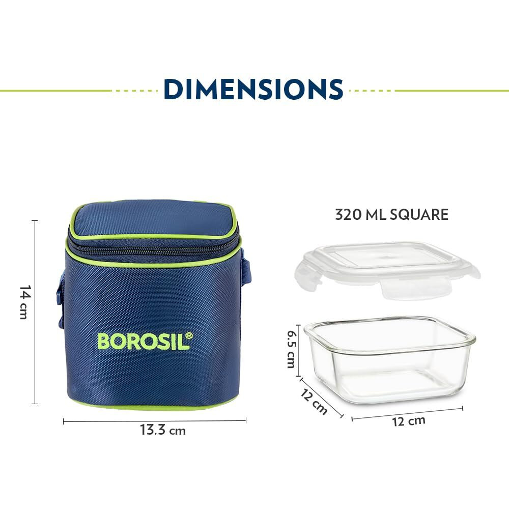 Borosil Klip n Store Lunchbox with Bag | Set of 2 (320ml Each), Square | Borosilicate Glass, Vertical | Microwave & Dishwasher Safe, Leakproof | Tiffin for Office/School/College | Blue, Transparent