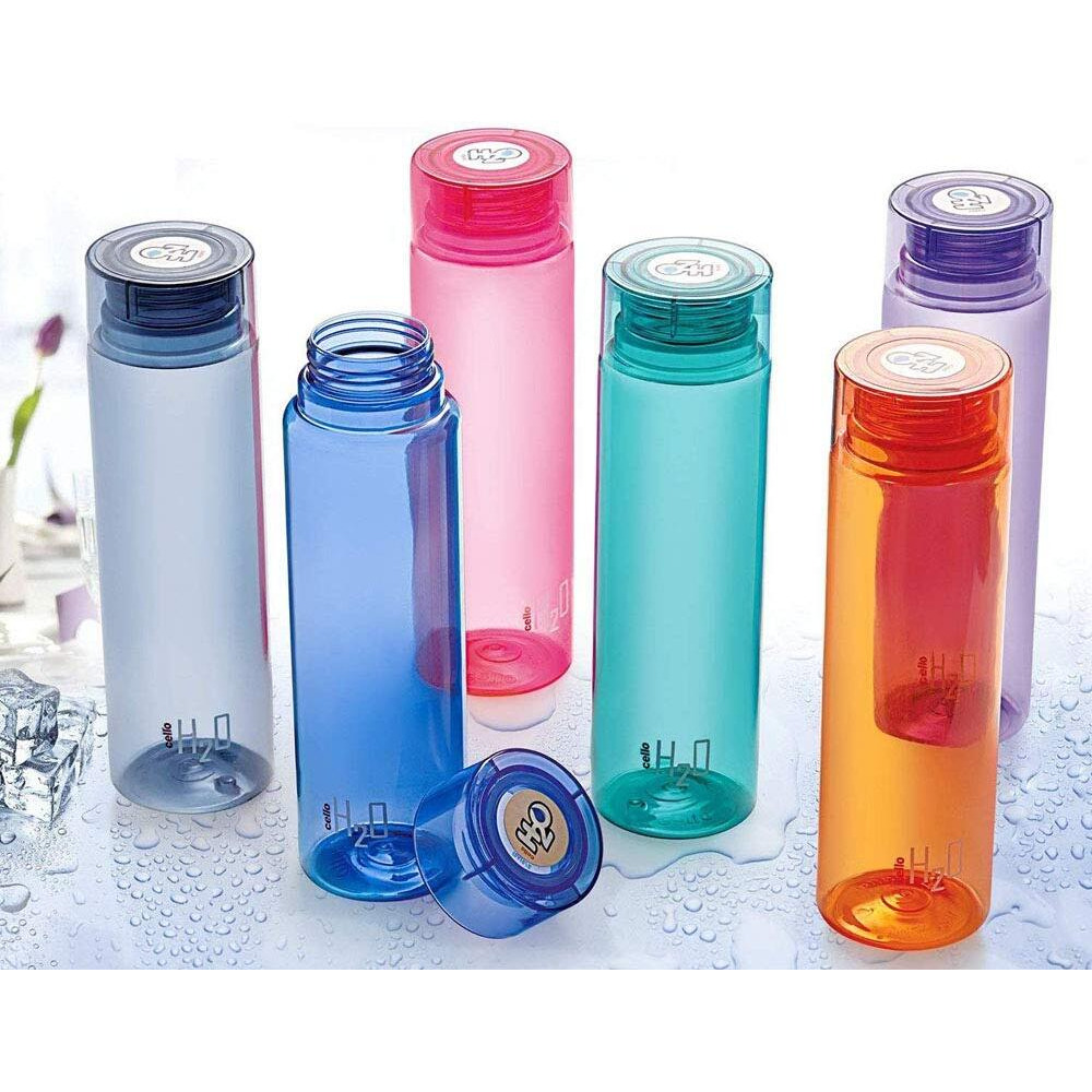 CELLO H2O Round Unbreakable Plastic Bottle | Lid is sealed by a silicone ring | Leak proof & break-proof | Best Usage for Office/School/College/Picnic/Fridge | 1 Liter | Assorted, Set of 6