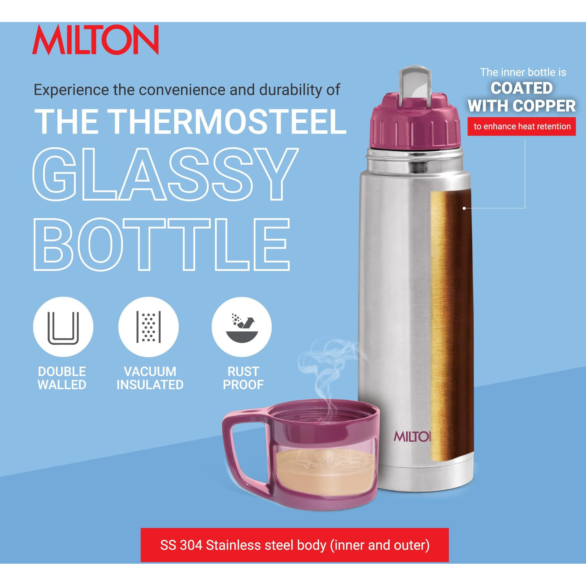 Milton Glassy 1000 Thermosteel 24 Hours Hot and Cold Water Bottle with Drinking Cup Lid, 1 Litre, Pink | Leak Proof | Office | Gym | Home | Kitchen | Hiking | Trekking | Travel