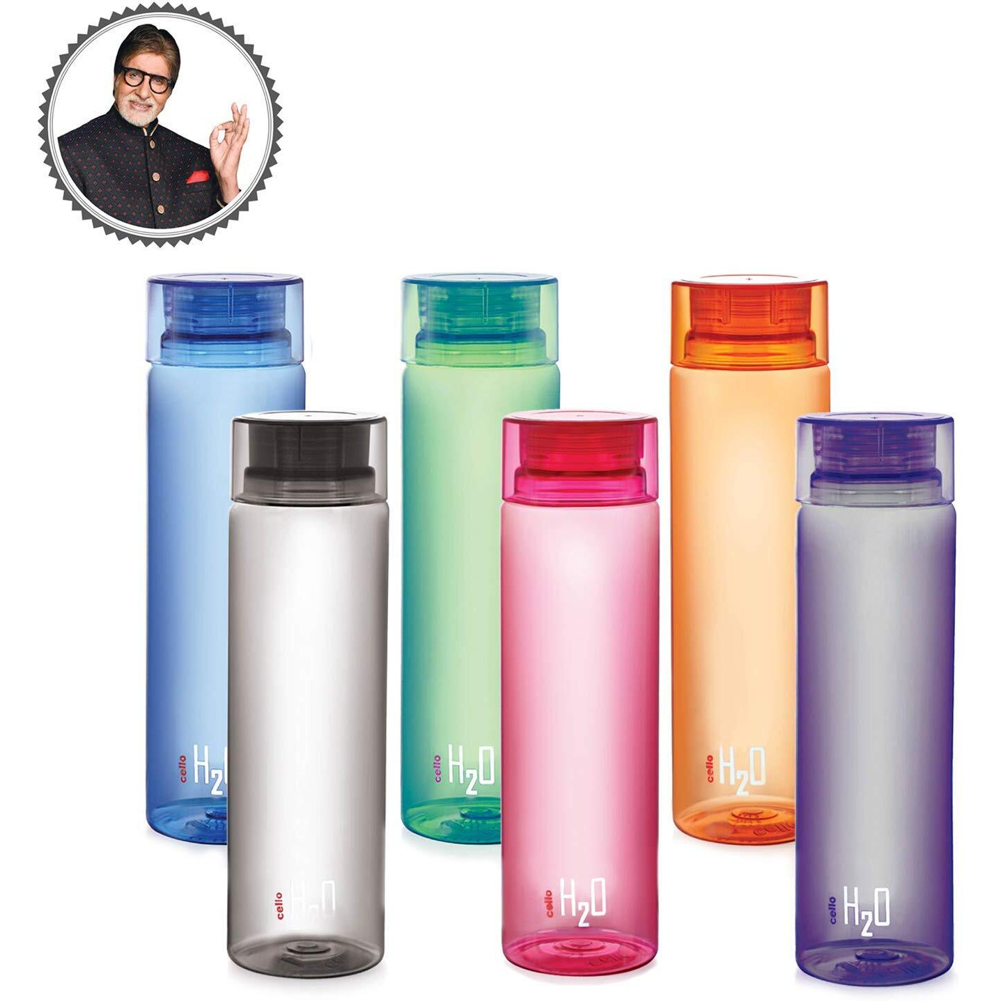 Cello H2O Round Unbreakable Plastic Water Bottle | Lid is sealed by a silicone ring | Leak proof & break-proof | Best Usage for Office / School / College | 1 Liter | Assorted , Set of 6