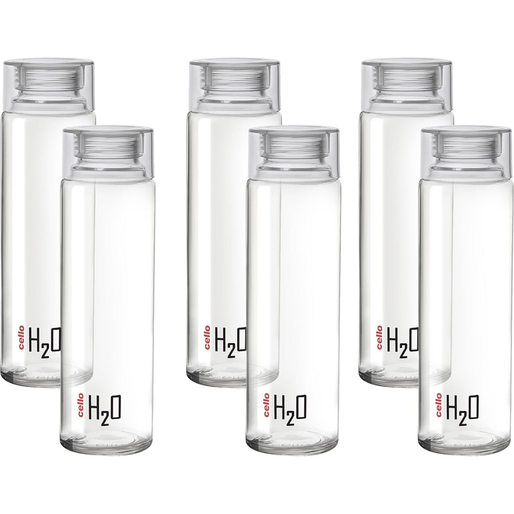 CELLO H2O Round Unbreakable Plastic Water Bottle Premium Edition | Lid is sealed by a silicone ring | Leak proof & break-proof | Best Usage for Office/School/College | 1 Liter | Clear, Set of 6