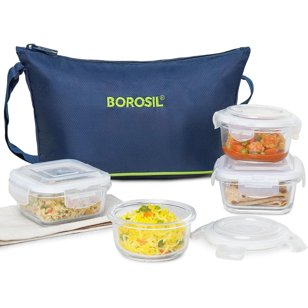 Borosil Glass Daisy Microwave Safe Office Tiffin Lunch Box (Blue, 2 pcs 320 ml Square, 2pcs 240 ml Round) -Set of 4