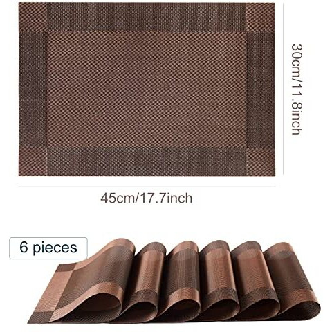 P-Plus International Placemats Place Mats for Kitchen Dining Table, Heat-Resistant StainAnti-Skid Washable PVC Table Mats,Vinyl Dinner Mats (Brown, 6 Pack)