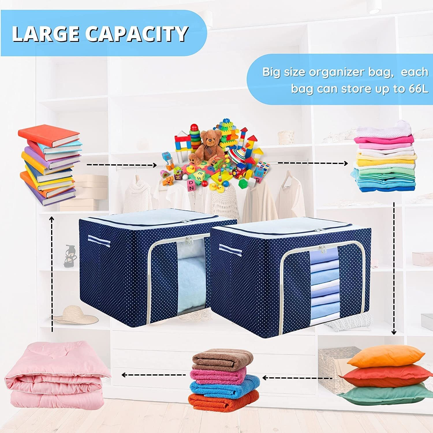 StarCart Storage Box for clothes Cloth storage box wardrobe organizers (66 Ltr - Pack of 4, Blue Polka)