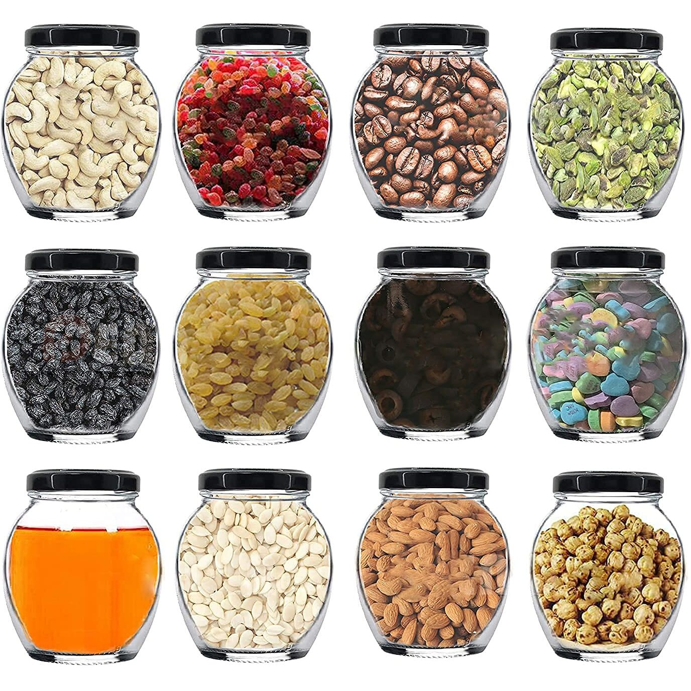 JIGSHTIAL Glass Jar and Container Set For kitchen Food Spices Masala Storage -400ml, Pack of 6, Airtight, Black Lid, Transparent