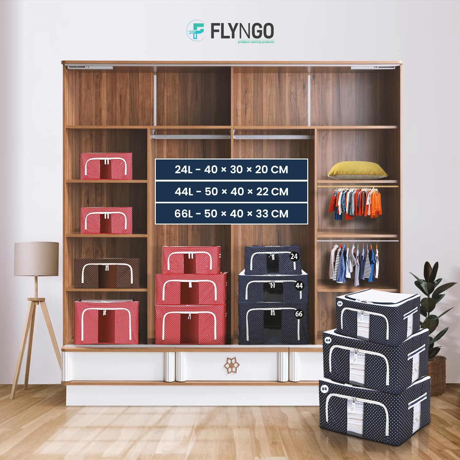 FLYNGO Foldable Steel Frame Clothes Organizer Storage Box for Wardrobe, Saree, Shirts, and Blankets (44 Ltr - Pack of 2, Oxford Fabric)