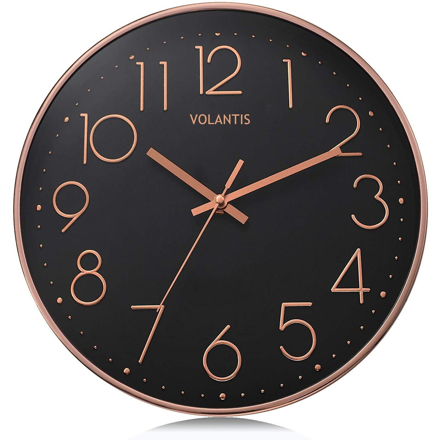 VOLANTIS 12 Inch Modern Plastic Stylish Non Ticking Silent Analog Wall Clock for Home, Living Room, Bedroom, Office, and Kitchen (Black & Rose Gold)