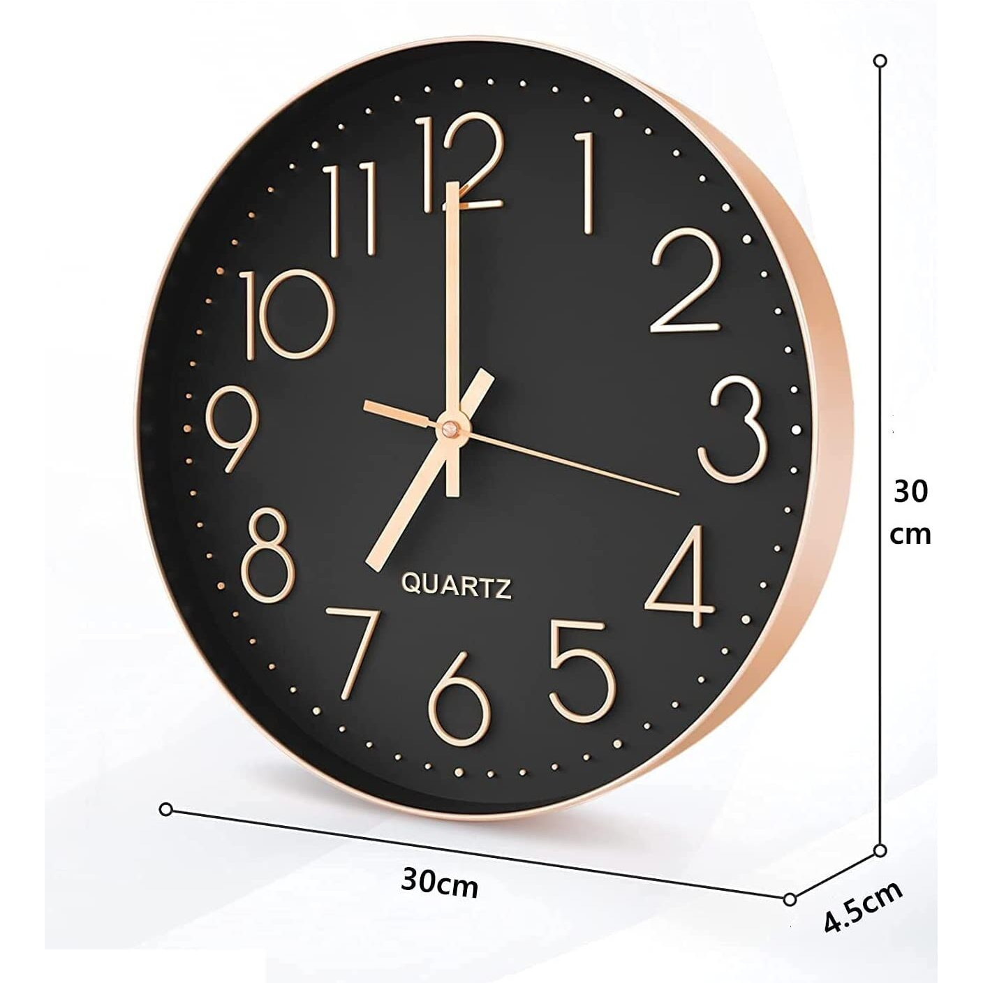 VOLANTIS 12 Inch Modern Plastic Stylish Non Ticking Silent Analog Wall Clock for Home, Living Room, Bedroom, Office, and Kitchen (Black & Rose Gold)