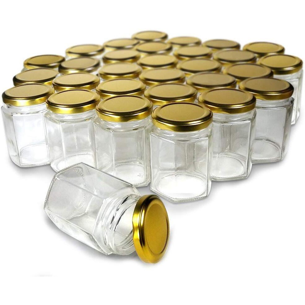 Cloudsell Hexagon Glass Jar With Air Tight Gold Metal Cap, 200 Ml, Set Of 12, Transparent