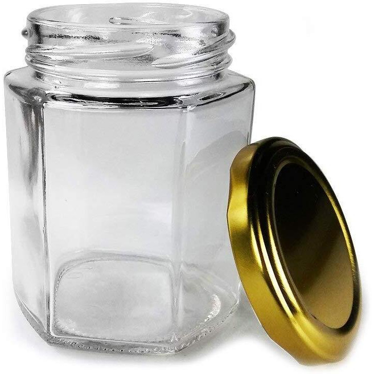 Cloudsell Hexagon Glass Jar With Air Tight Gold Metal Cap, 200 Ml, Set Of 12, Transparent