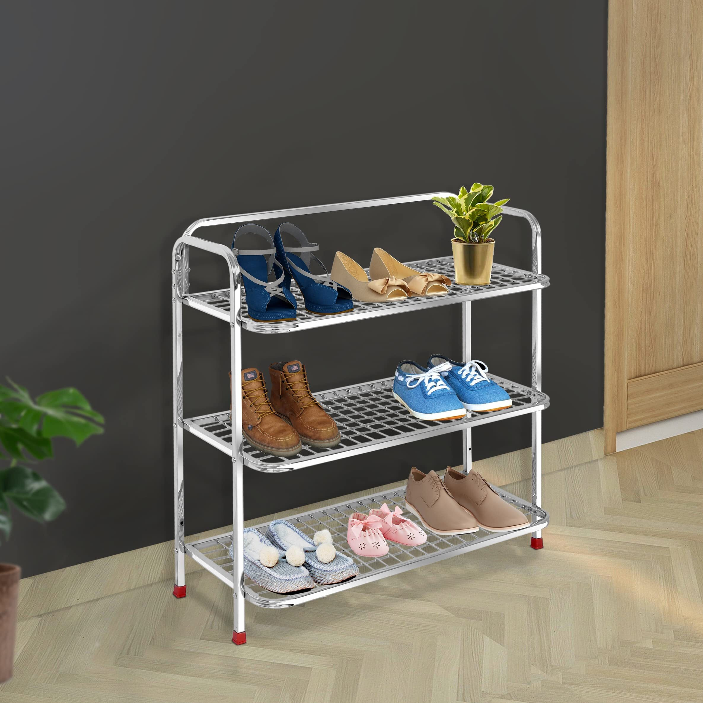 Plantex shoe stand for home|steel shoe rack for home|shoe organiser|rack for shoes|mini shoe rack cover 3 layer (Silver)