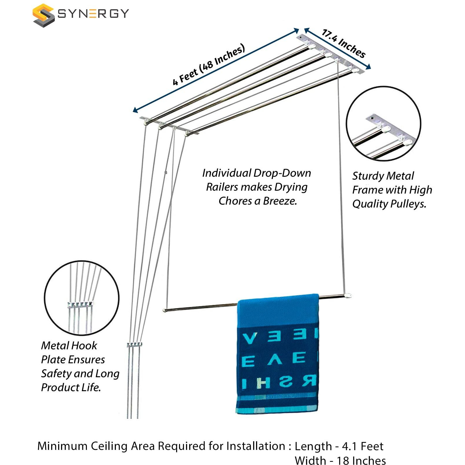 Synergy - 6 Pipes X 4 Feet - Heavy Duty - Stainless Steel Ceiling Clothes Hanger/Cloth Dryer With Uv Protected Rope And Individual Drop Down Railers (Sy-Cl1) - 10X10X5 Cm