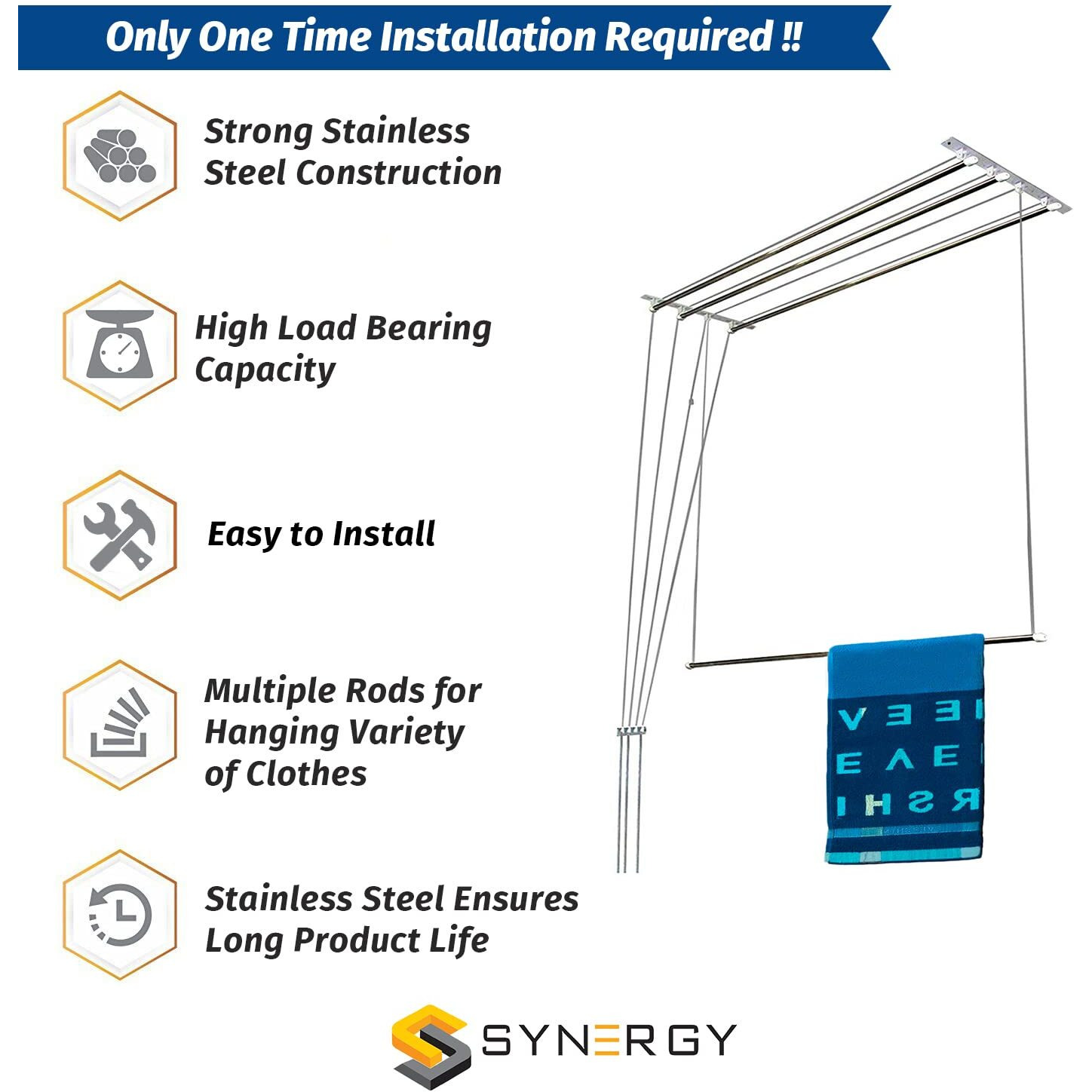 Synergy - 6 Pipes X 5 Feet - Heavy Duty - Stainless Steel Ceiling Clothes Hanger/Cloth Dryer With Uv Protected Rope And Individual Drop Down Railers (Sy-Cl2) - 10X10X5 Cm