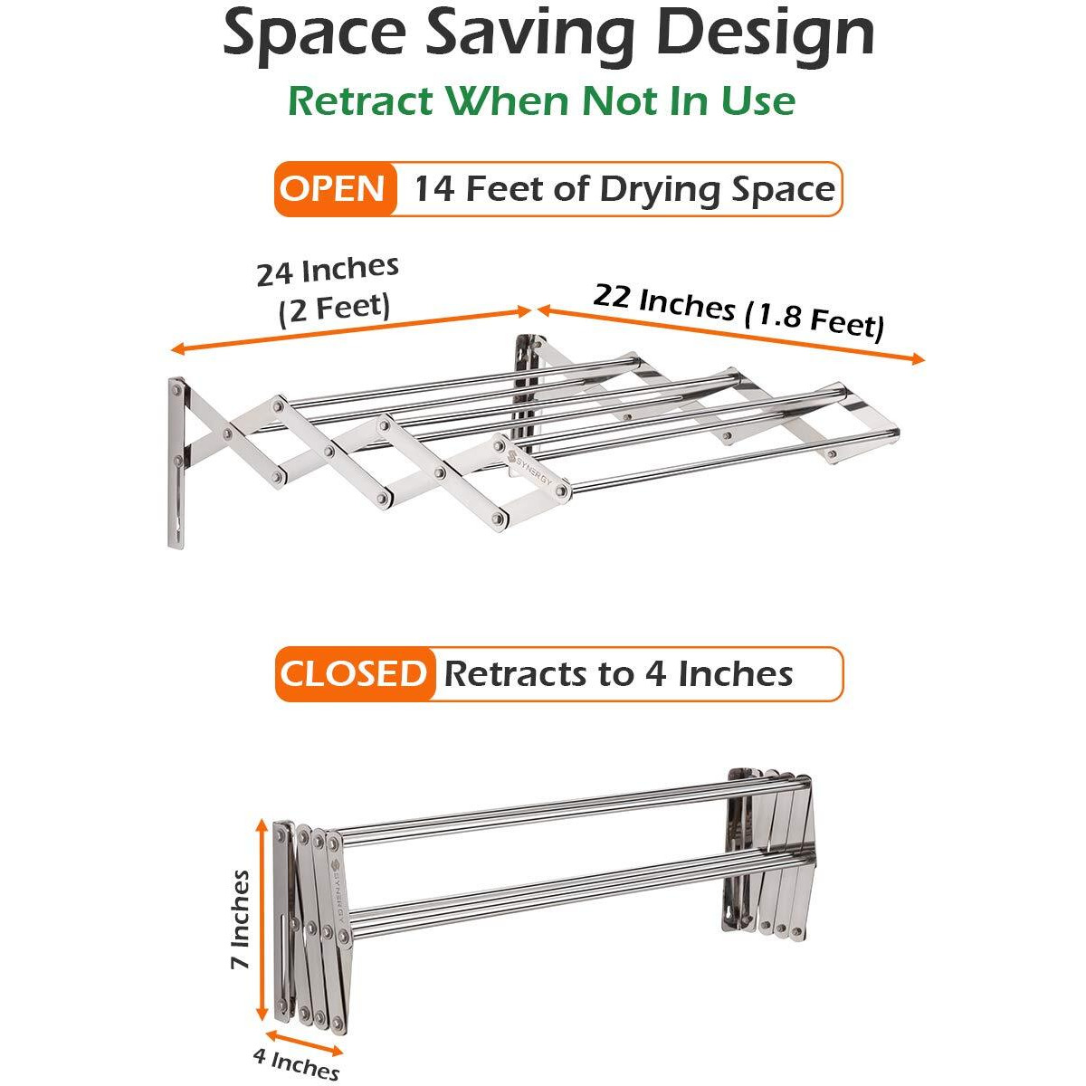 Synergy - 7 Rods - Heavy Duty Stainless Steel Foldable Wall Mount/Mounted Cloth Dryer/Clothes Drying Stand with EZEE Cloth Clipper COMBO [SY-CS3-COMBO]