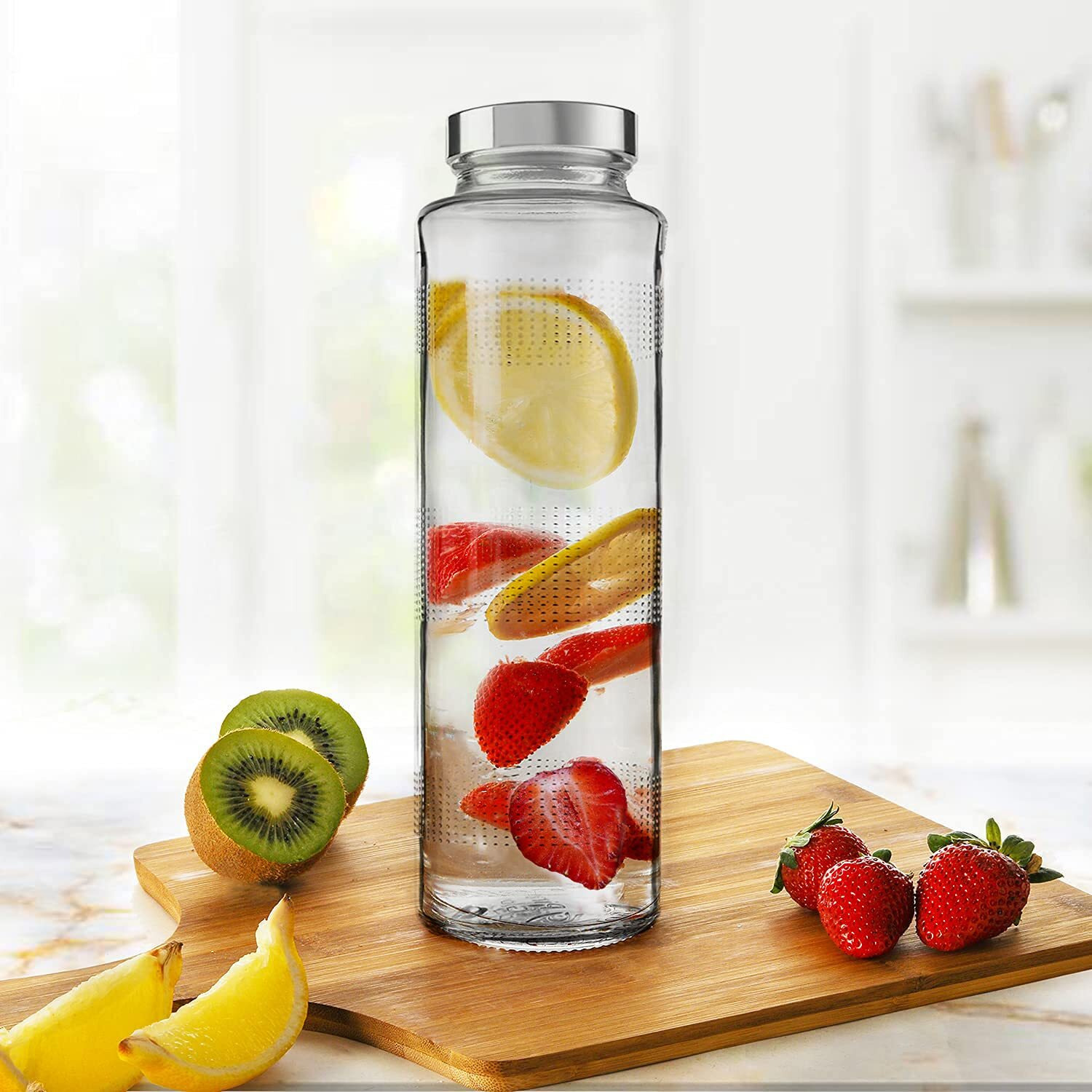 Vency 750ml Glass Water Bottle with Leak-Proof Airtight Stainless Steel Lid for Water, Smoothie, Juices (Set Of 2)