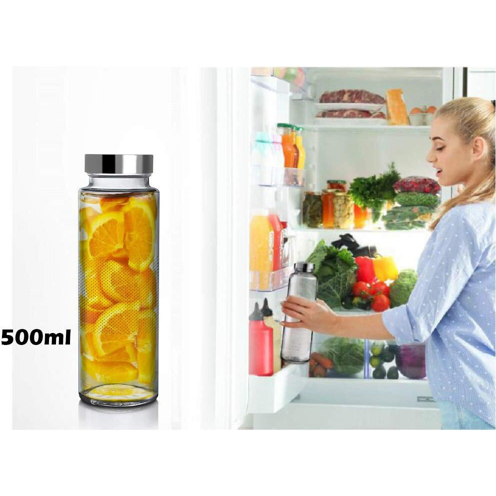 Brezzycloud Glass Food Grade Airtight Water Bottle with Leak-Proof Stainless Steel Lid - Water, Smoothie, Juicer and Beverage Glasses - 500ml (Set of 2)