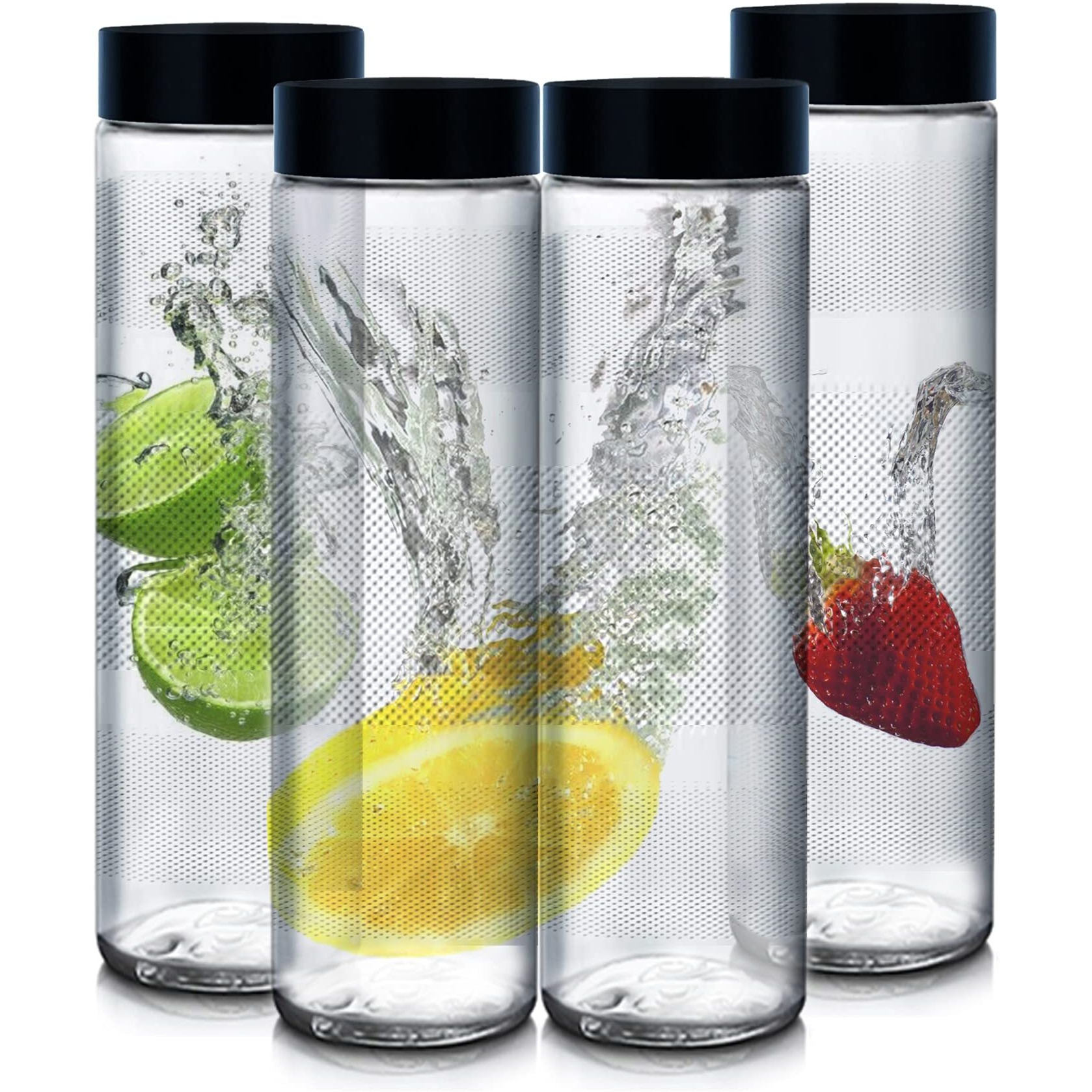 CLOUDMART Piramal Glass Water Bottles | Set Wide Mouth | with AirTight Leak Proof Reusable Black Plastic Lids | Milk Juicing, Smoothies, Beverage Storage || Reusable (750ml) (Set of 4)