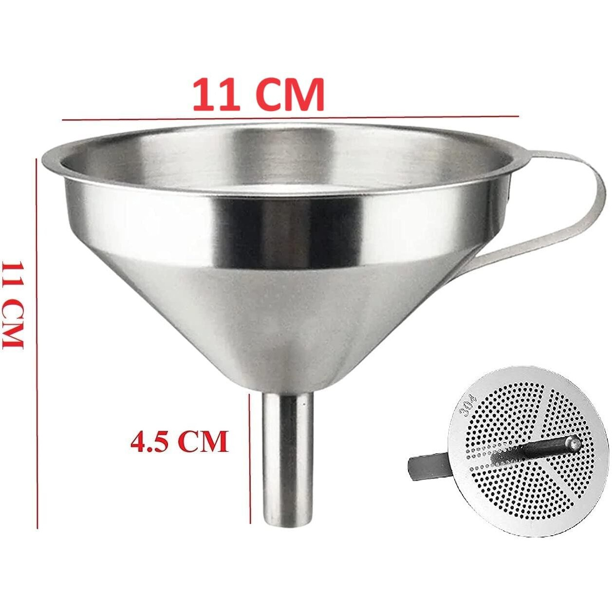 Bridge2shopping Multipurpose Stainless Steel Funnel with Detachable Strainer, 11 CM, Silver