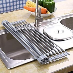 Dayish Multipurpose Roll-up Dish Drying Rack Over The Sink Mat, Stainless Steel Adjustable Folding Rolling Dish Drainer Organizer Rack for Kitchen, Black - Big Size (46.5 x 46 cm)