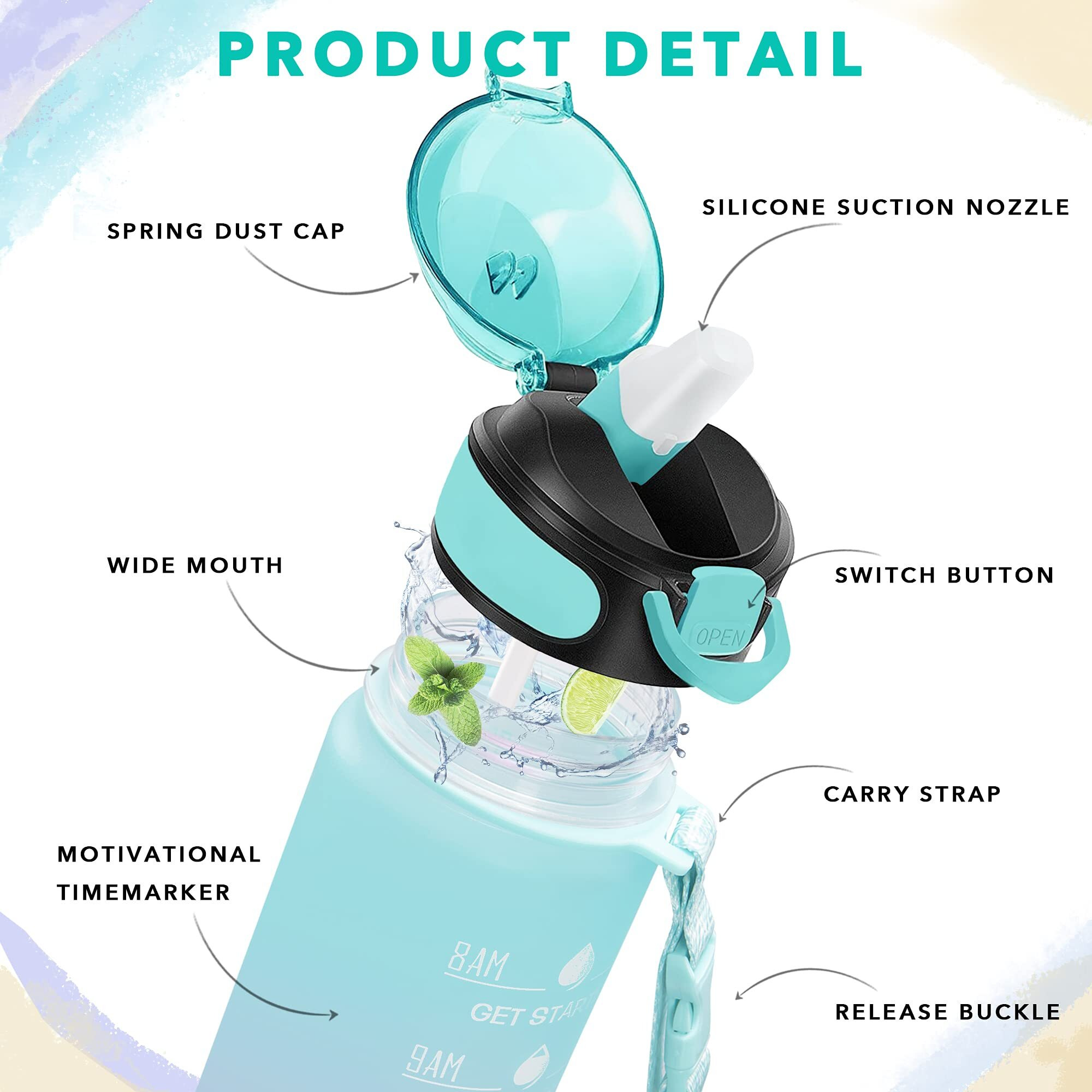 DOTCOM 32 OZ Water Bottle with Times to Drink and Straw, Leakproof BPA & Toxic Free, Drinking Water Bottle with Carrying Strap,