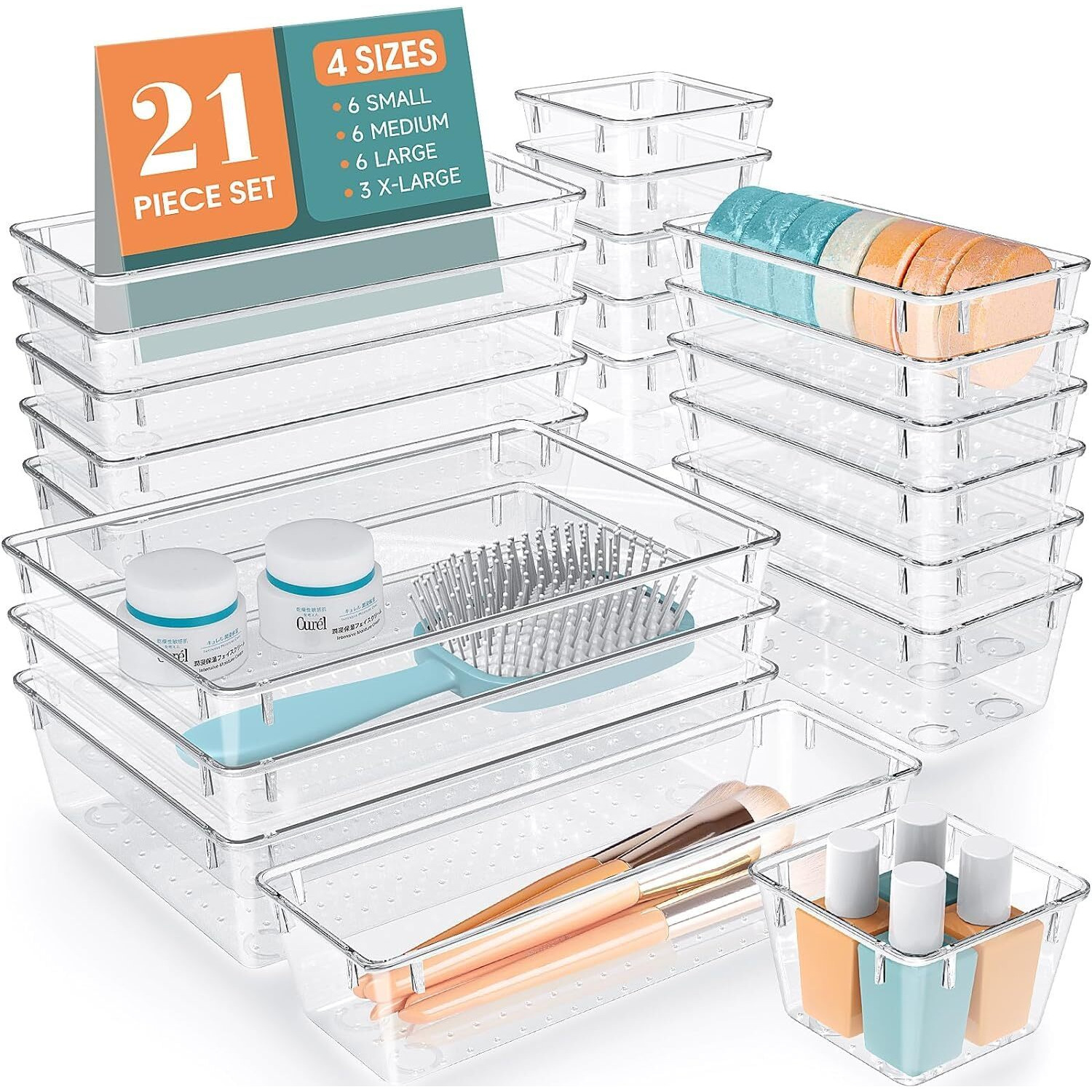 mechdel Drawer Storage Organizer Set Makeup Organizer Box Multipurpose Storage Box For Cosmetics,Jewelries/Cosmetic Organizer Dressing Table Organiser Kitchen Gadgets&Office (21, Clear)