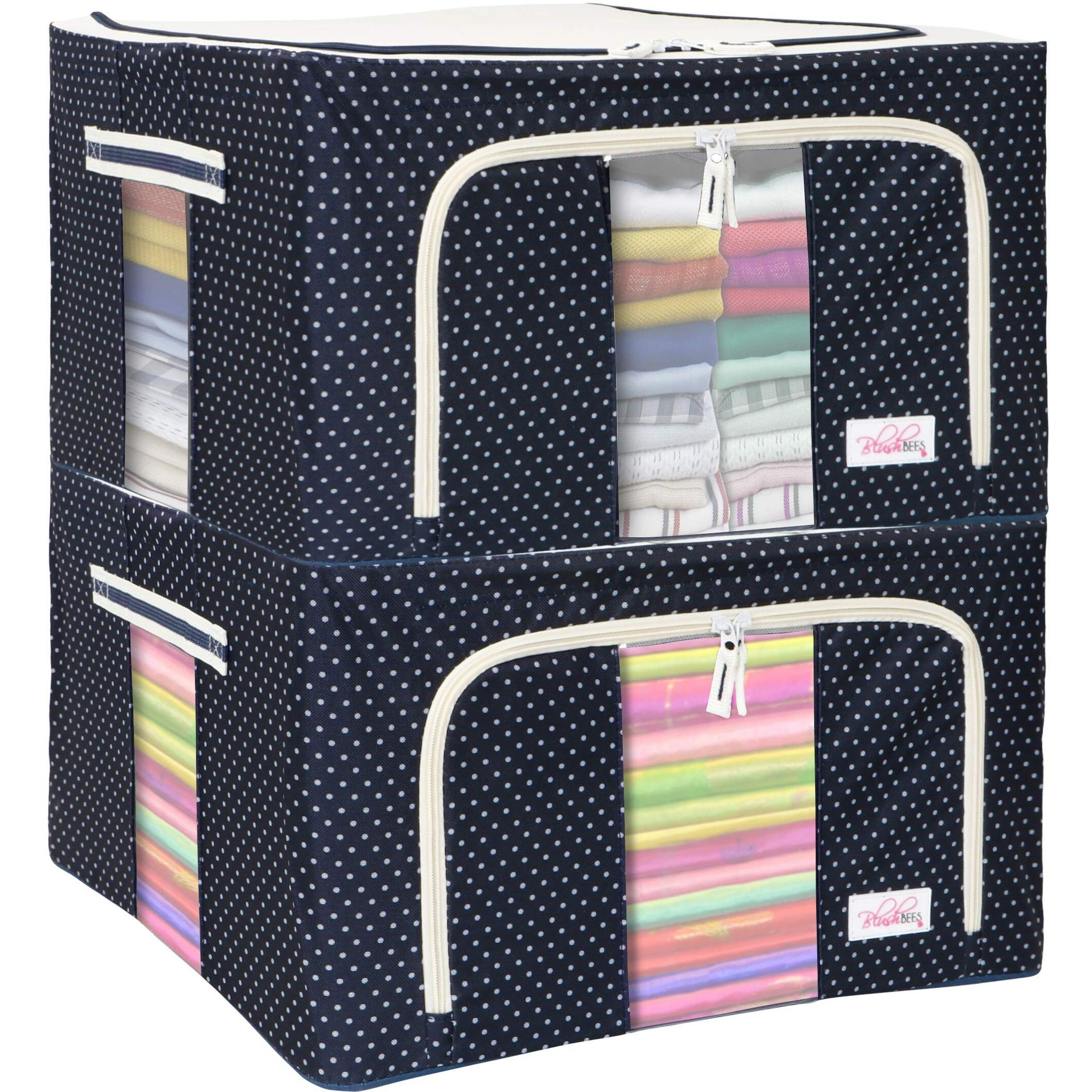 BlushBees Living Box - 600D Oxford Fabric Wardrobe Organizer, Cloth Storage Bags with Zip - 55 Litre, Pack of 2, Polka Dots Blue