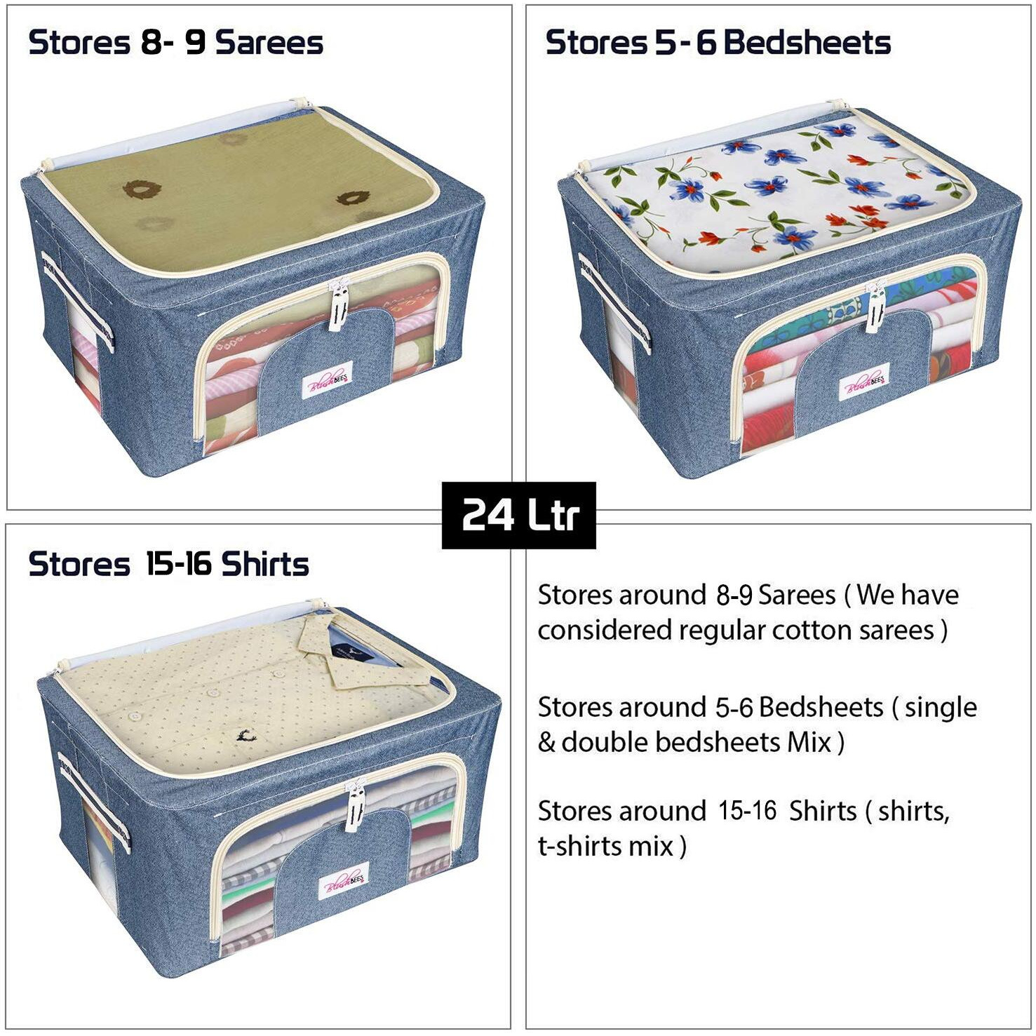 BlushBees Living Box - 600D Oxford Fabric Storage Boxes for Clothes, Saree Cover - 24 Litre, Pack of 1, Cowboy Blue