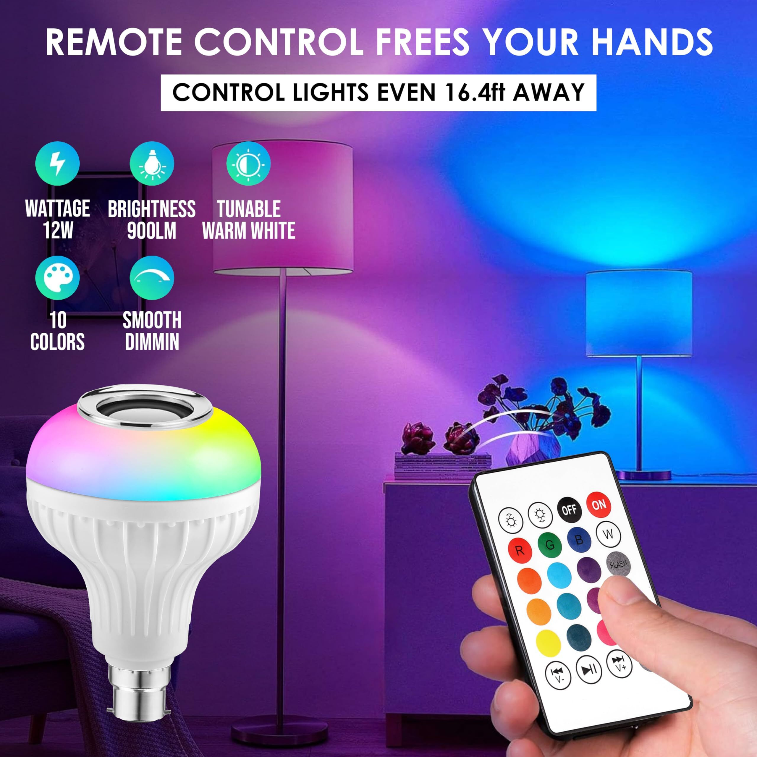 Gesto 12 Watt RGB Bulb - B22 Wireless Music bulb With Bluetooth Speaker,Rgb Lights for room |Color Changing Disco lights for Home,Speaker Bulb Party Lights, Remote Controlled Wifi Led Bulb-Pack of 2