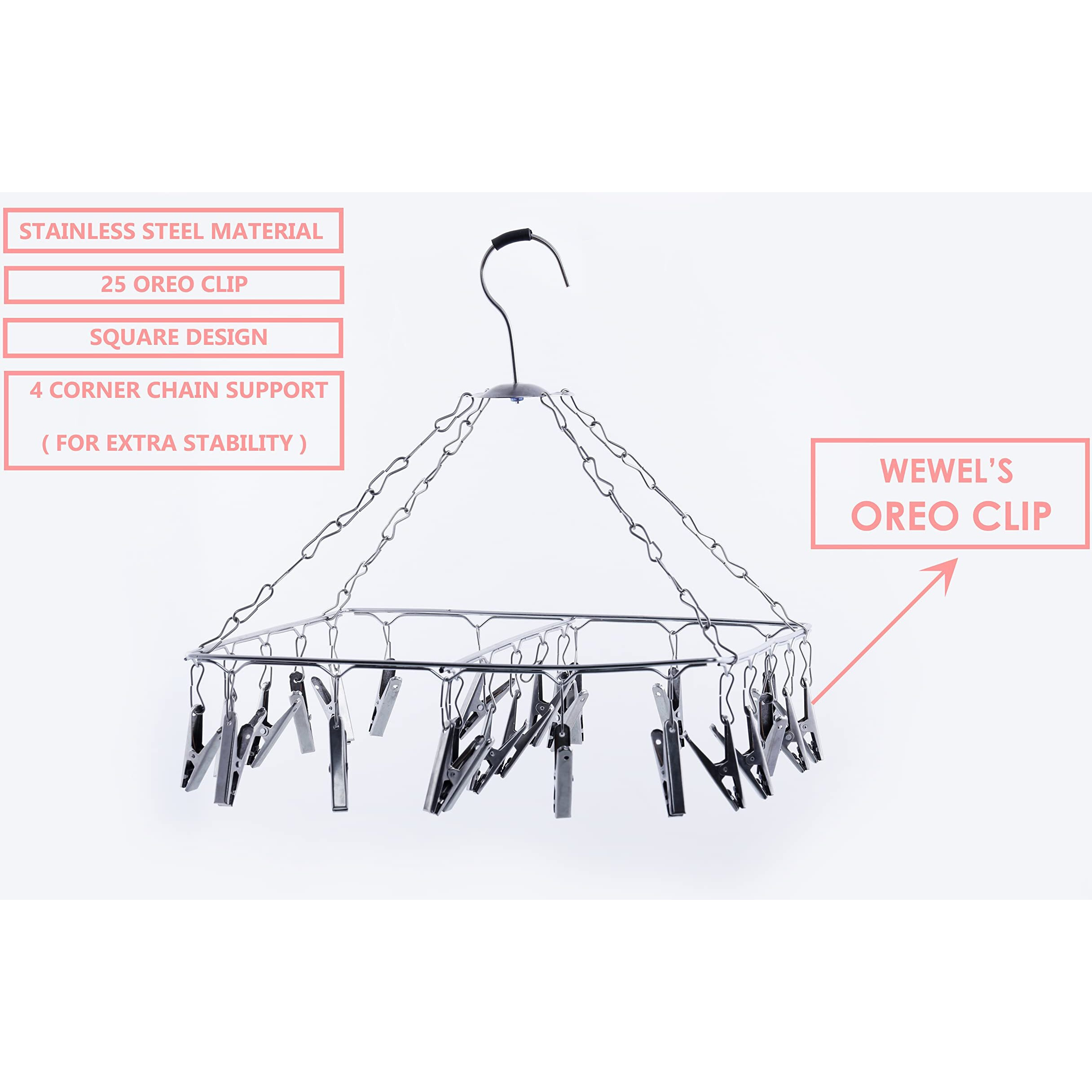 WEWEL Heavy Quality Square Stainless Steel Clothes Drying Hanger - Oreo Clips Heavy Quality Rust Free Pegs for Diapers, Hosiery, Socks, Undergarments, and Infant Clothes 25 pc